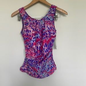 H2O Wear Shirred Top Feathers Printed Long Torso Tankini Sz S NWT